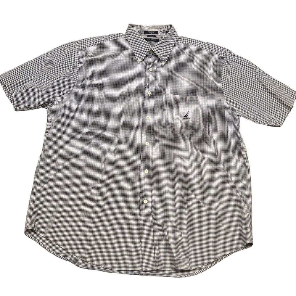 Nautica Men's Gray White Checkered Short Sleeve Button Down Shirt Size XL